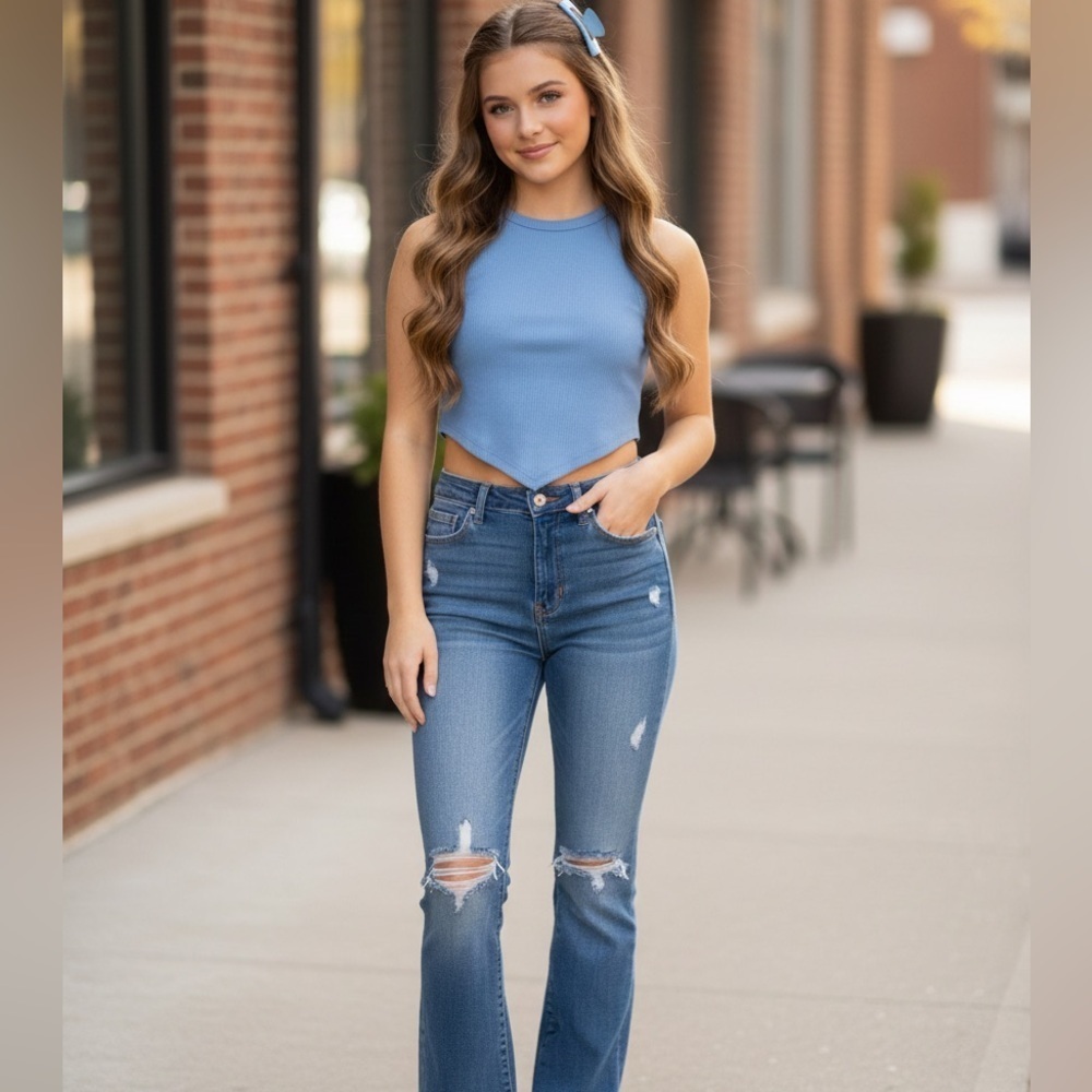 NWT ✨ Better Be Hanky Hem Steel Blue Ribbed Cropped Tank Top size medium
